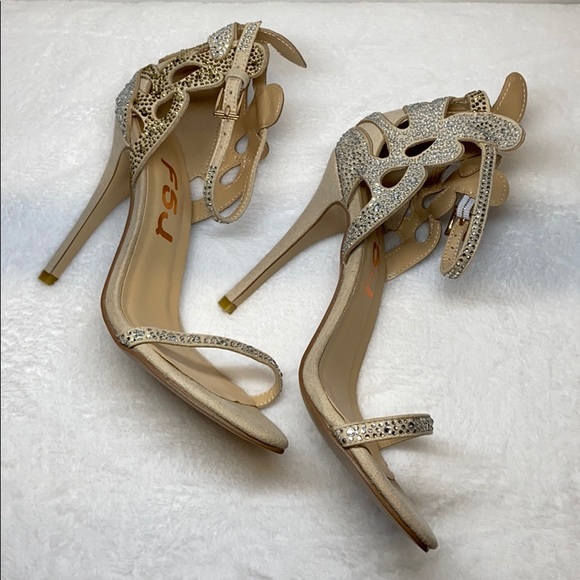 Champagne Rhinestones Ankle Strap Stiletto Heels - Picture 4 of 9